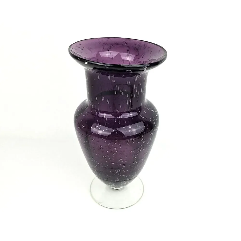 Hand Blown Amethyst Purple Vase Controlled Bubbles Clear Footed Base 8 in Tall